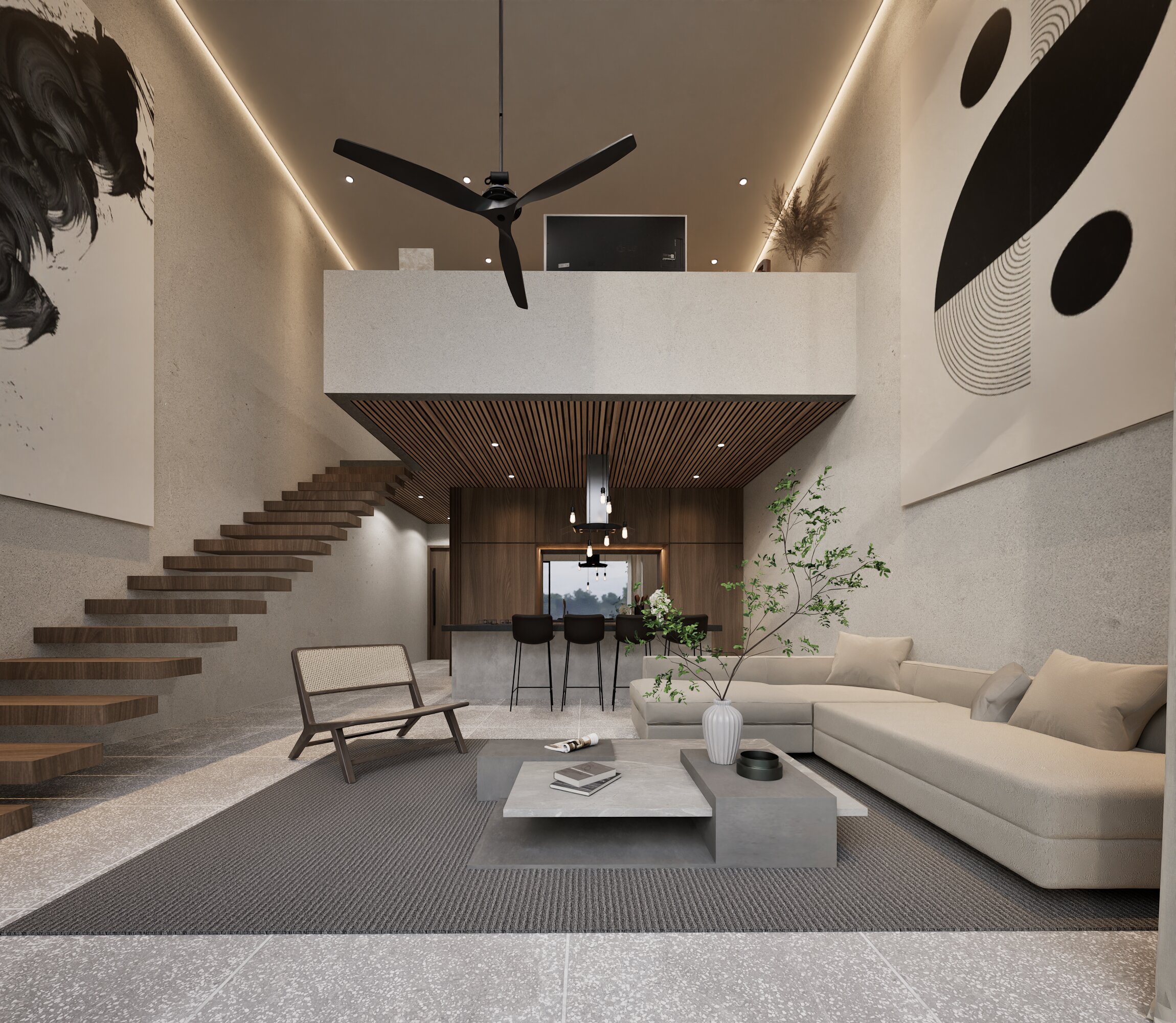 Townhouse interior — double-height living space